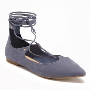 Old Navy Faux Suede Ghillie Lace-Up Ballerina Pointed Toe Strappy Flats in Dusk